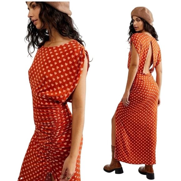 Free People NWT Lakeside Midi Dress Rust Hearts Ruched Side Open Back Size M - Picture 4 of 13